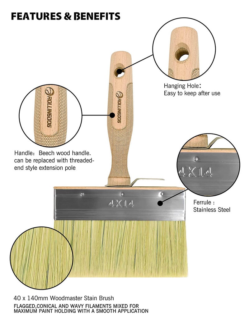 ROLLINGDOG 5.5" Deck Stain Limewash Brush - Wood Handle Large Deck Brush Applicator for Wall, Wood, Fence, Floor Painting - Image 3